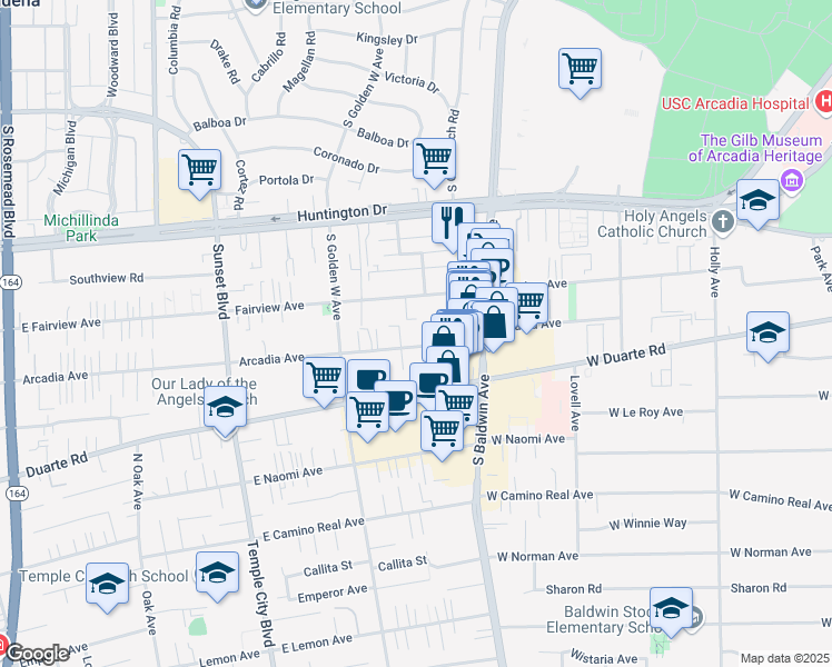 map of restaurants, bars, coffee shops, grocery stores, and more near 763 Arcadia Avenue in Arcadia