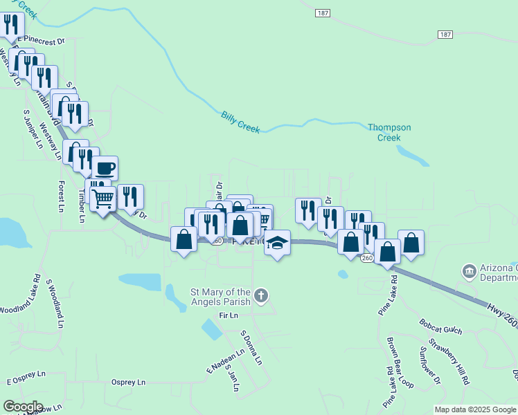 map of restaurants, bars, coffee shops, grocery stores, and more near 1450 South Emma Drive in Pinetop-Lakeside