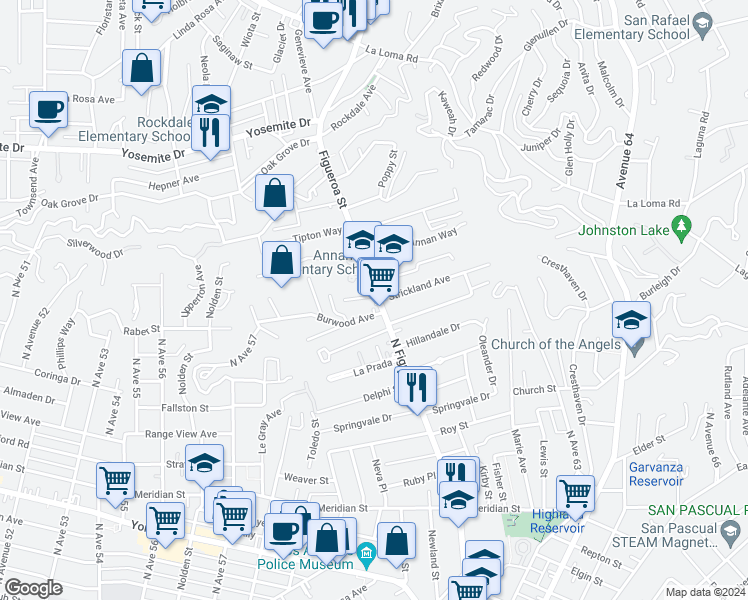map of restaurants, bars, coffee shops, grocery stores, and more near 6919 North Figueroa Street in Los Angeles
