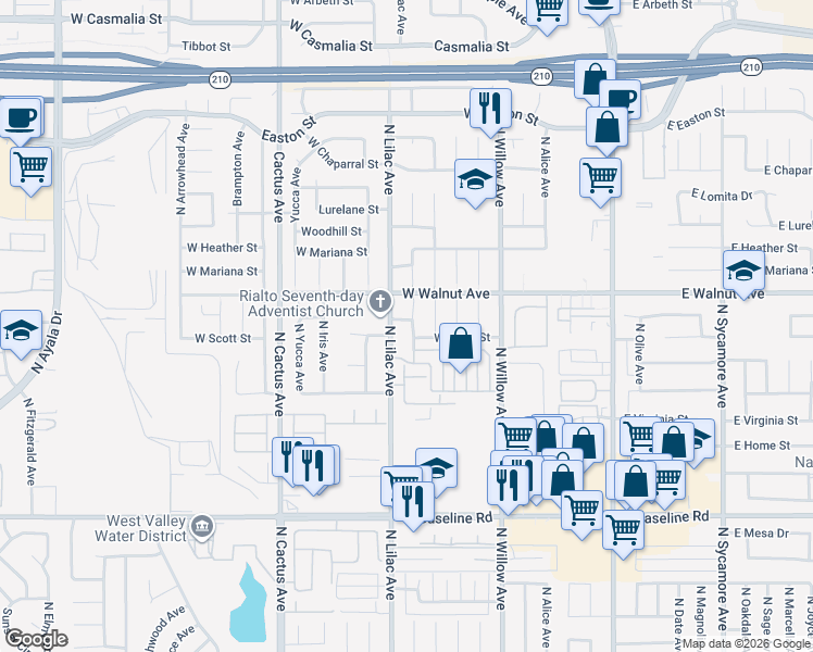 map of restaurants, bars, coffee shops, grocery stores, and more near 461 West Scott Street in Rialto
