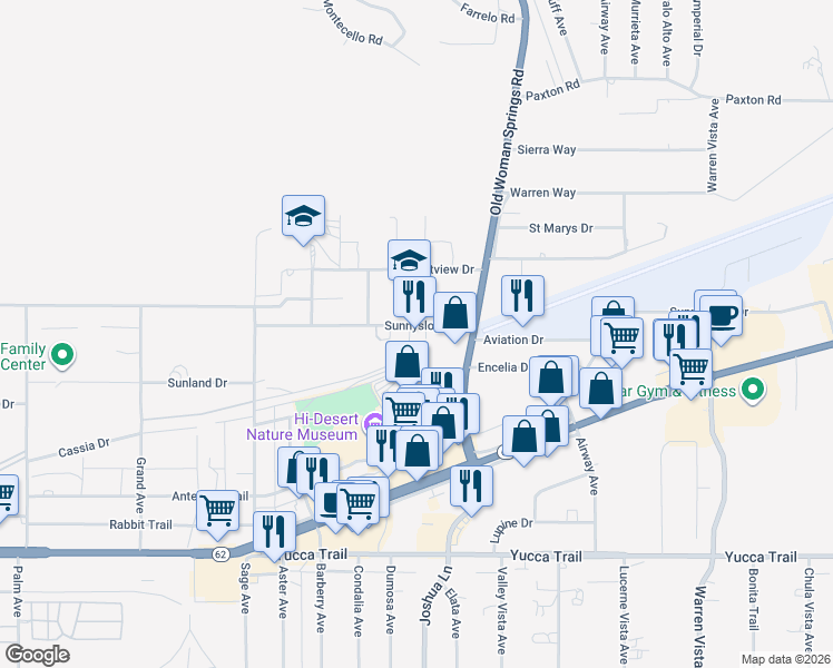 map of restaurants, bars, coffee shops, grocery stores, and more near 57173 Sunnyslope Drive in Yucca Valley