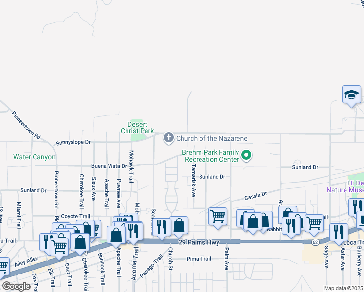 map of restaurants, bars, coffee shops, grocery stores, and more near 56284 Buena Vista Drive in Yucca Valley