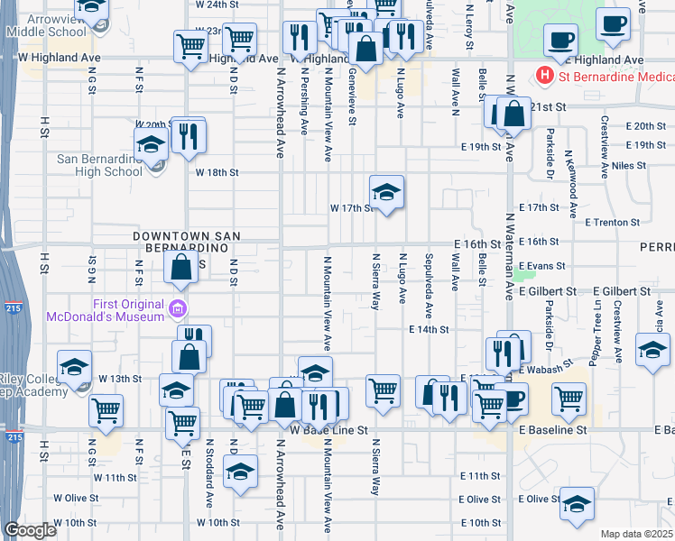 map of restaurants, bars, coffee shops, grocery stores, and more near 1564 Genevieve Street in San Bernardino