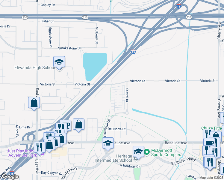 map of restaurants, bars, coffee shops, grocery stores, and more near 13827-13843 Victoria Street in Fontana