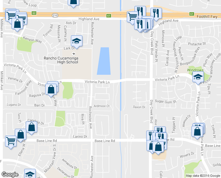 map of restaurants, bars, coffee shops, grocery stores, and more near 6930 Hillhurst Court in Rancho Cucamonga