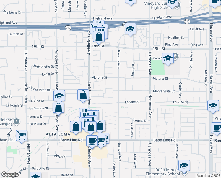 map of restaurants, bars, coffee shops, grocery stores, and more near 9820 Chesapeake Drive in Rancho Cucamonga