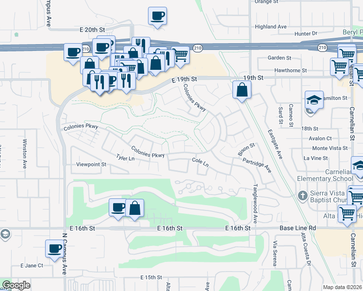 map of restaurants, bars, coffee shops, grocery stores, and more near 1387 Seth Loop North in Upland