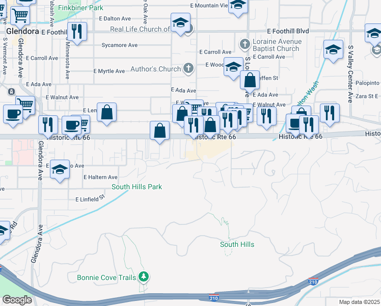 map of restaurants, bars, coffee shops, grocery stores, and more near 862 East Route 66 in Glendora