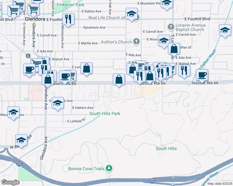 map of restaurants, bars, coffee shops, grocery stores, and more near 744 East Route 66 in Glendora