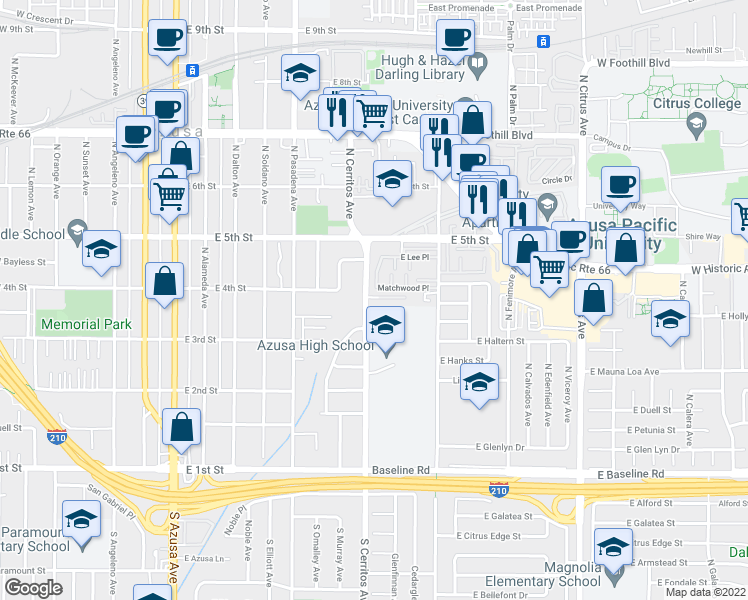 map of restaurants, bars, coffee shops, grocery stores, and more near 385 North Rockvale Avenue in Azusa