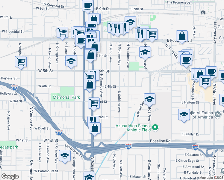 map of restaurants, bars, coffee shops, grocery stores, and more near 328 East 4th Street in Azusa