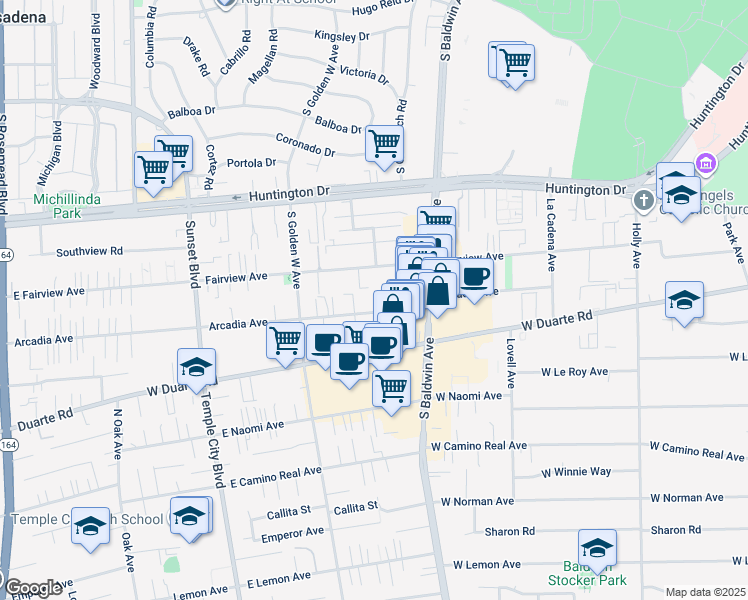 map of restaurants, bars, coffee shops, grocery stores, and more near 800 Fairview Avenue in Arcadia
