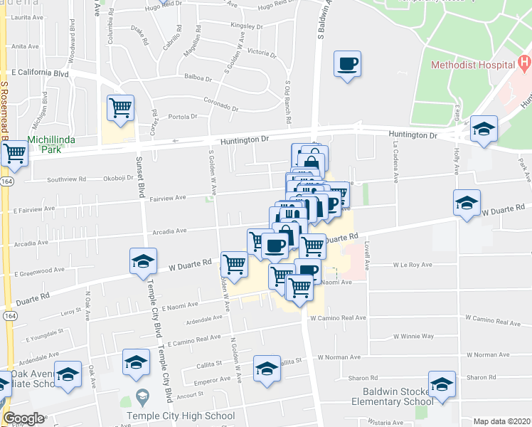 map of restaurants, bars, coffee shops, grocery stores, and more near 800 Fairview Avenue in Arcadia