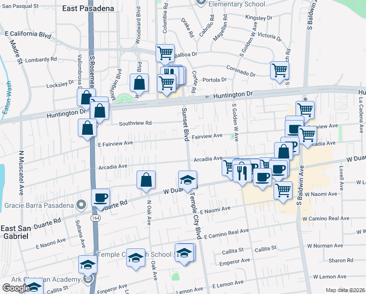 map of restaurants, bars, coffee shops, grocery stores, and more near Fairview Avenue in Arcadia