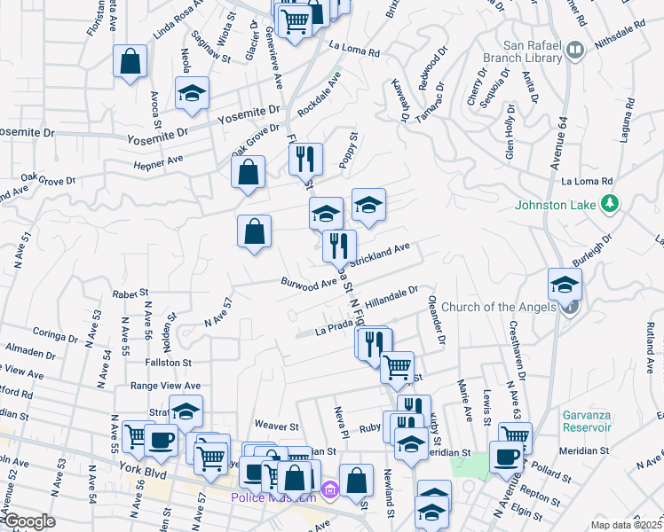 map of restaurants, bars, coffee shops, grocery stores, and more near 6957 North Figueroa Street in Los Angeles