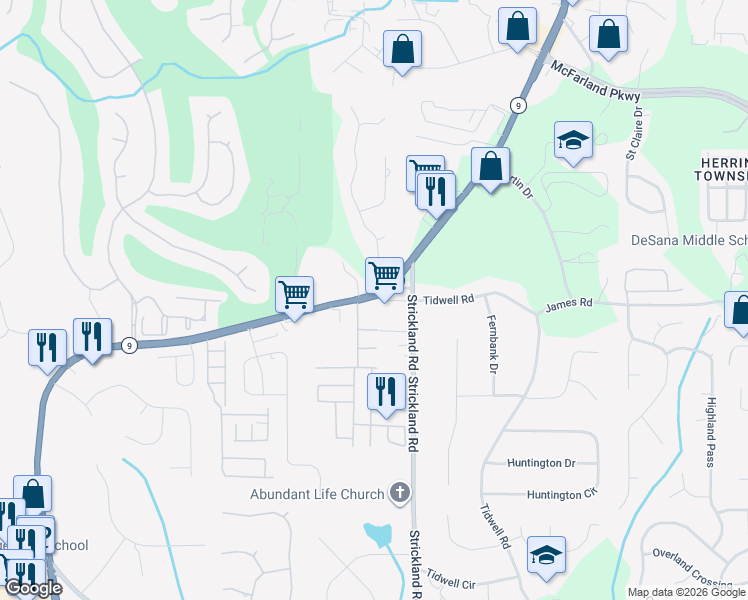 map of restaurants, bars, coffee shops, grocery stores, and more near 50 Tidwell Road in Alpharetta
