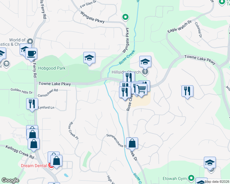 map of restaurants, bars, coffee shops, grocery stores, and more near 235 River Park North Drive in Woodstock