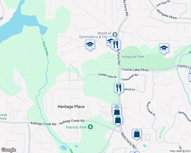 map of restaurants, bars, coffee shops, grocery stores, and more near 302 Hidden Court in Woodstock