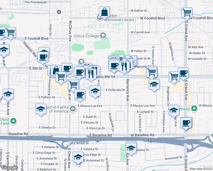 map of restaurants, bars, coffee shops, grocery stores, and more near 1130 East Alosta Avenue in Azusa