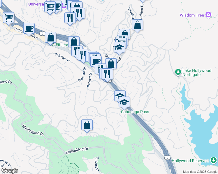 map of restaurants, bars, coffee shops, grocery stores, and more near 3161 Cahuenga Boulevard West in Los Angeles