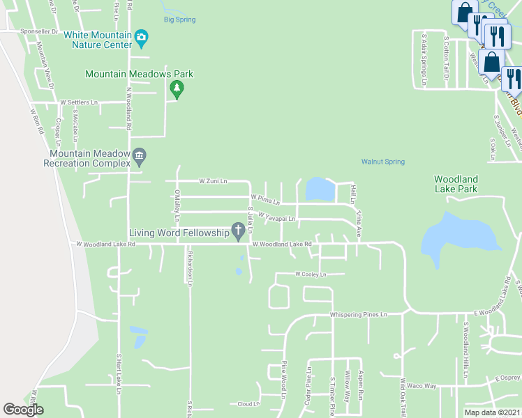 map of restaurants, bars, coffee shops, grocery stores, and more near 862 West Yavapai Lane in Pinetop-Lakeside