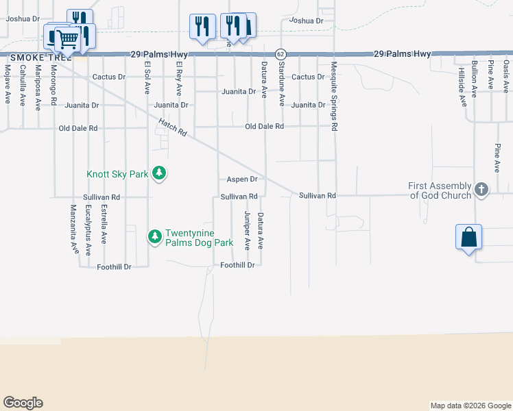 map of restaurants, bars, coffee shops, grocery stores, and more near 6922 Datura Avenue in Twentynine Palms