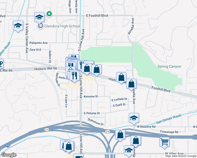 map of restaurants, bars, coffee shops, grocery stores, and more near 2022 East Route 66 in Glendora