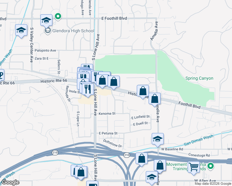 map of restaurants, bars, coffee shops, grocery stores, and more near 1948 East Route 66 in Glendora