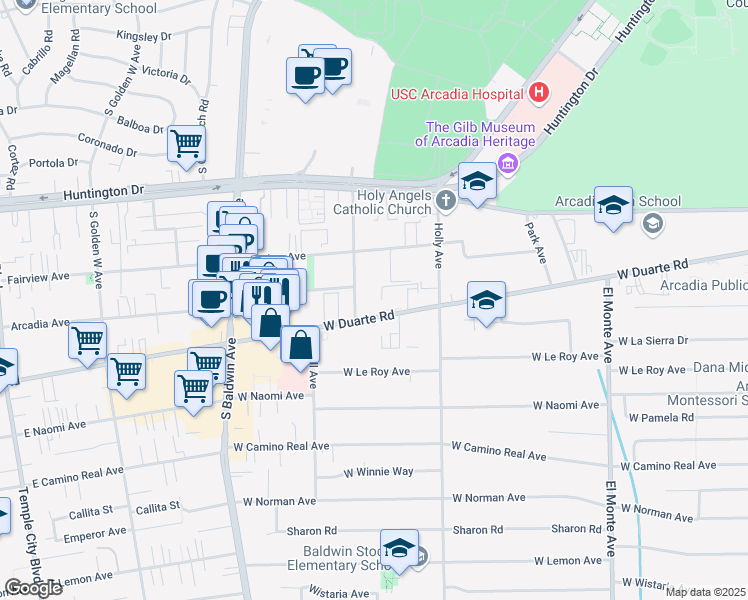 map of restaurants, bars, coffee shops, grocery stores, and more near 1026 La Cadena Avenue in Arcadia