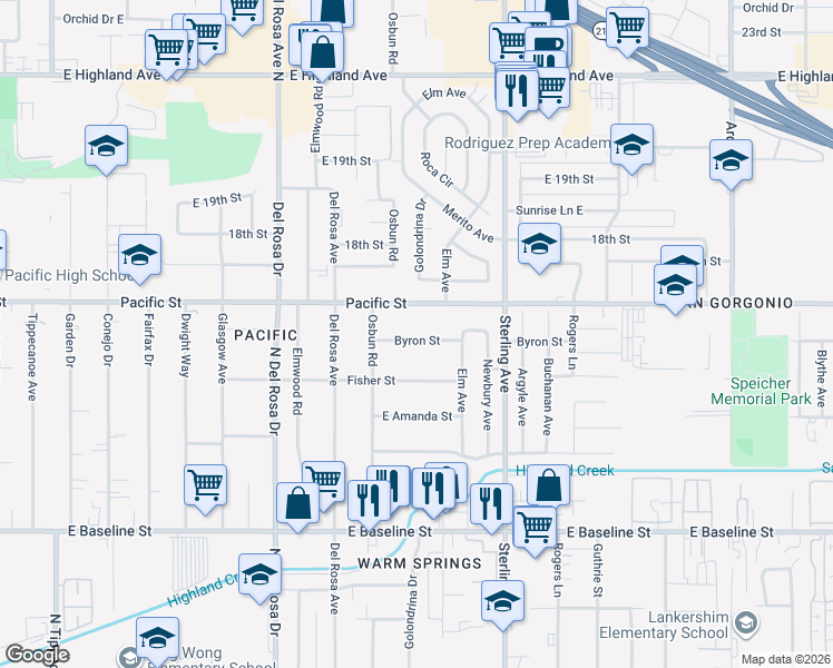 map of restaurants, bars, coffee shops, grocery stores, and more near 25546 Byron Street in San Bernardino