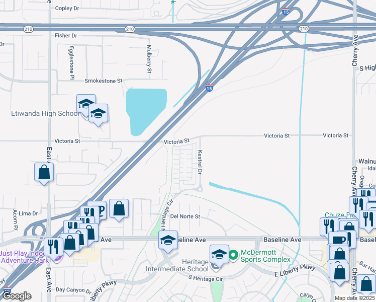 map of restaurants, bars, coffee shops, grocery stores, and more near 13863 Prickly Pear Lane in Fontana