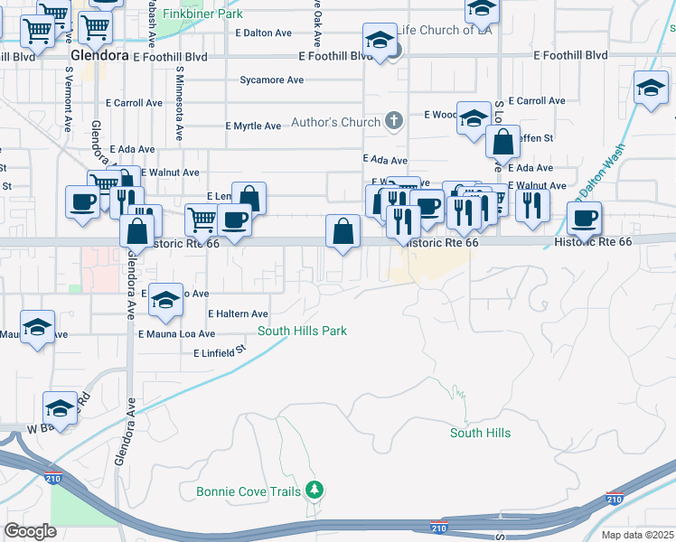 map of restaurants, bars, coffee shops, grocery stores, and more near 732 East Route 66 in Glendora
