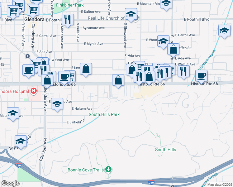 map of restaurants, bars, coffee shops, grocery stores, and more near 732 East Route 66 in Glendora