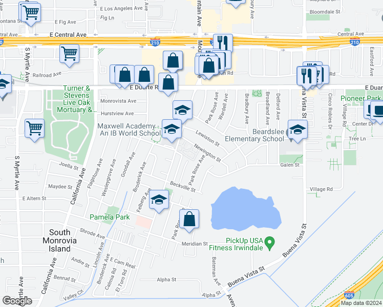 map of restaurants, bars, coffee shops, grocery stores, and more near 874 Cinnamon Lane in Duarte