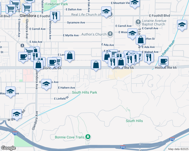 map of restaurants, bars, coffee shops, grocery stores, and more near 732 East Route 66 in Glendora