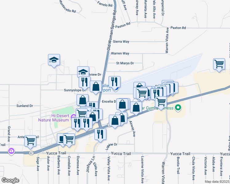 map of restaurants, bars, coffee shops, grocery stores, and more near Aviation Drive in Yucca Valley