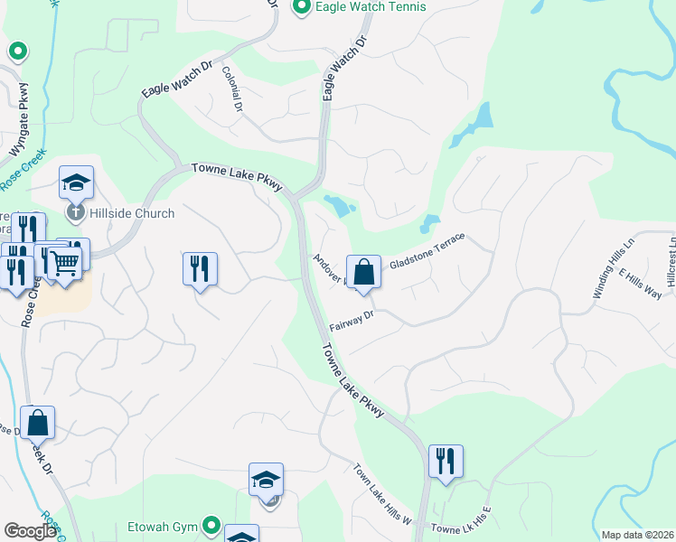 map of restaurants, bars, coffee shops, grocery stores, and more near 304 Barclay Place in Woodstock