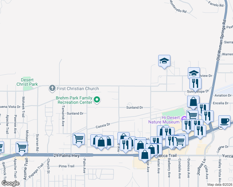 map of restaurants, bars, coffee shops, grocery stores, and more near 6922 Grand Avenue in Yucca Valley