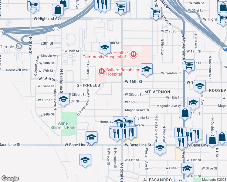 map of restaurants, bars, coffee shops, grocery stores, and more near 1575 North Hancock Street in San Bernardino