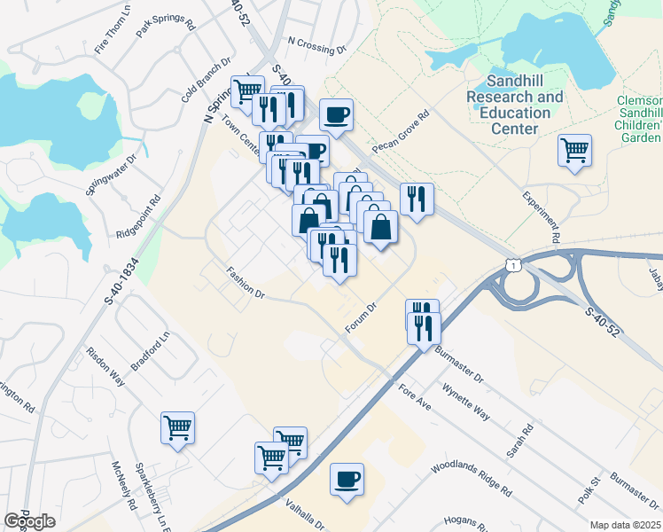 map of restaurants, bars, coffee shops, grocery stores, and more near 493-2 Town Center Place in Columbia