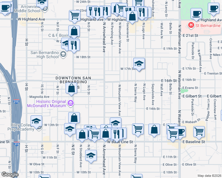 map of restaurants, bars, coffee shops, grocery stores, and more near 1576 North Mountain View Avenue in San Bernardino