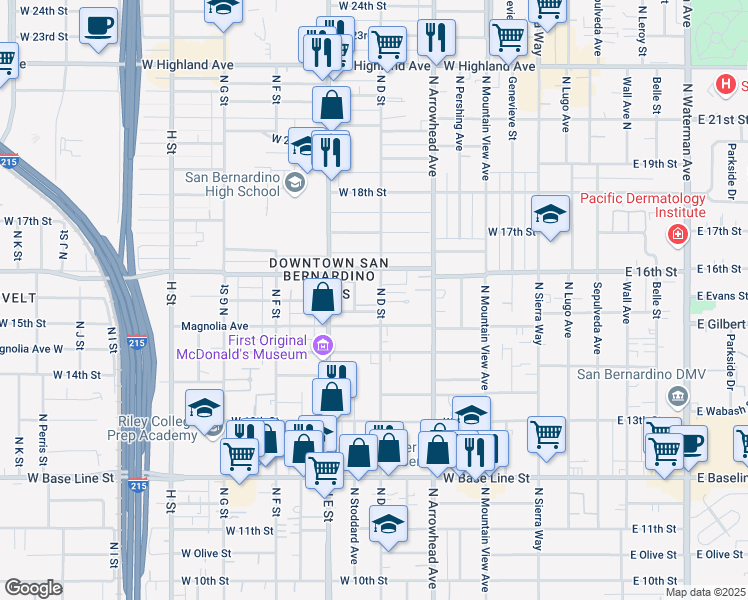 map of restaurants, bars, coffee shops, grocery stores, and more near 1550 North D Street in San Bernardino