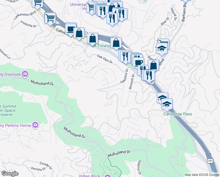 map of restaurants, bars, coffee shops, grocery stores, and more near 3158 Oakshire Drive in Los Angeles