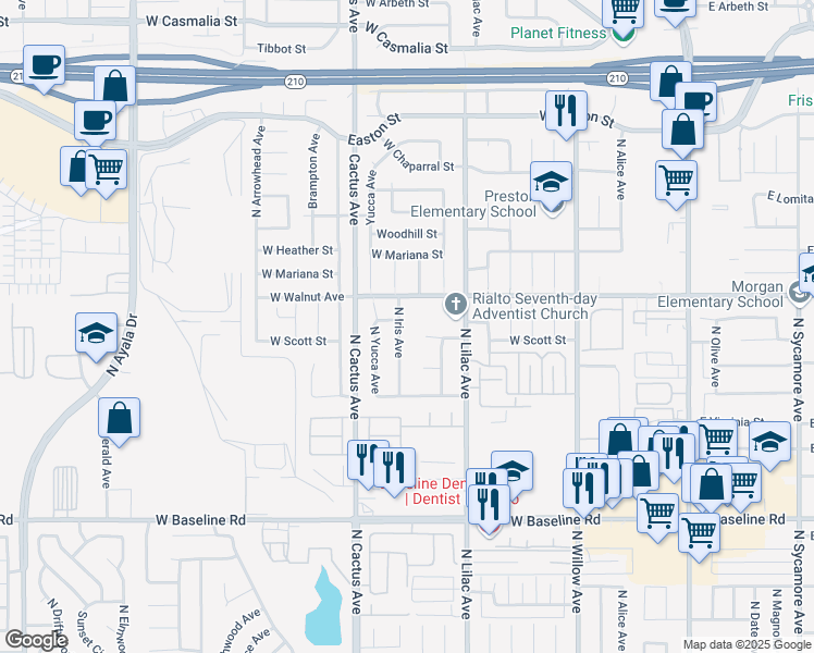 map of restaurants, bars, coffee shops, grocery stores, and more near 1543 North Iris Avenue in Rialto