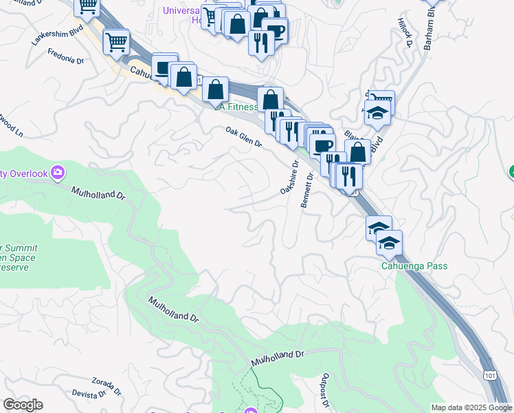 map of restaurants, bars, coffee shops, grocery stores, and more near 3158 Oakshire Drive in Los Angeles