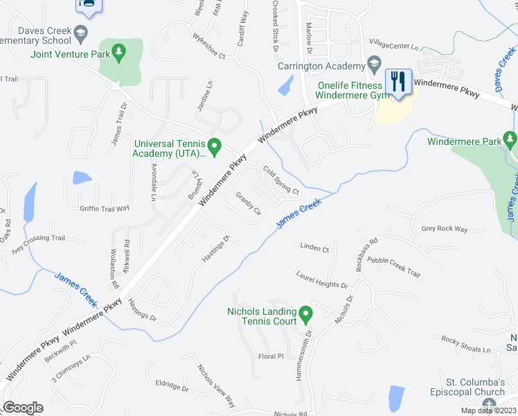 map of restaurants, bars, coffee shops, grocery stores, and more near 4550 Granby Circle in Cumming