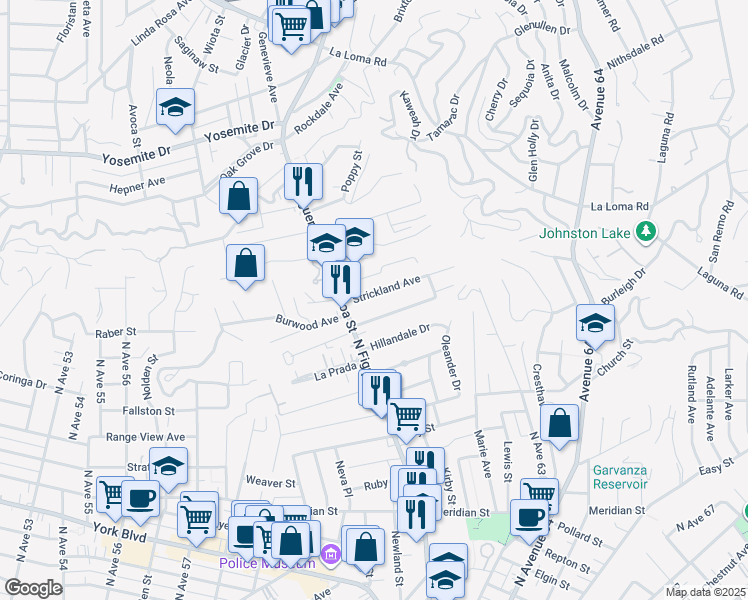 map of restaurants, bars, coffee shops, grocery stores, and more near 6134 Strickland Avenue in Los Angeles