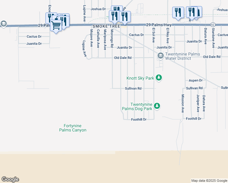 map of restaurants, bars, coffee shops, grocery stores, and more near 72109 Sullivan Road in Twentynine Palms