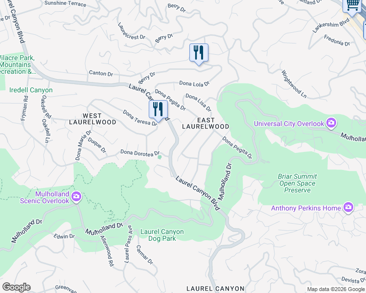 map of restaurants, bars, coffee shops, grocery stores, and more near 3115 Dona Marta Drive in Los Angeles