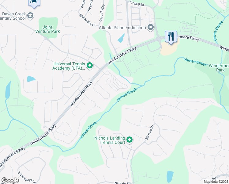 map of restaurants, bars, coffee shops, grocery stores, and more near 4620 Wildener Way in Cumming